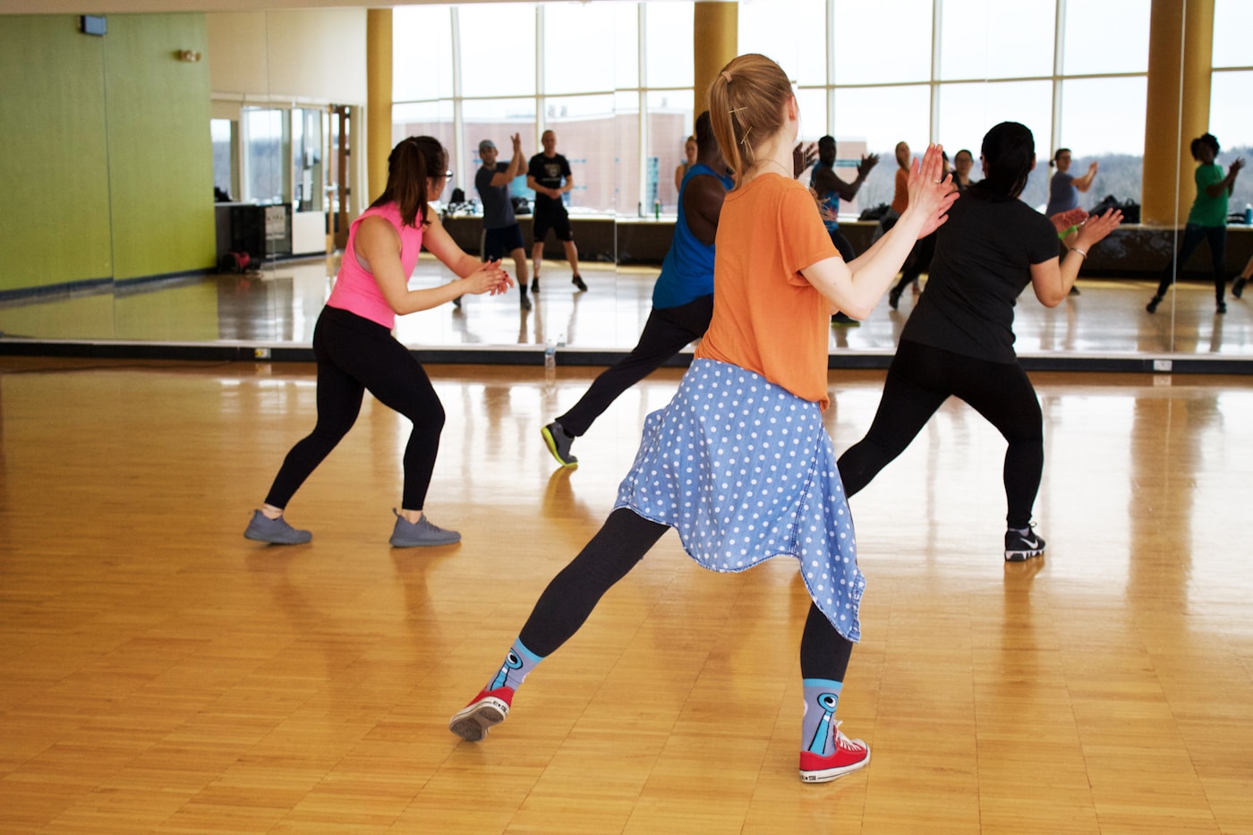 People taking part in a dance fitness class
